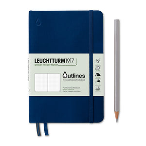 Blue notebook with Leuchtturm1917 branding and a pencil on a white background
