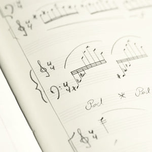 Close-up of a sheet of music with handwritten notes and symbols.