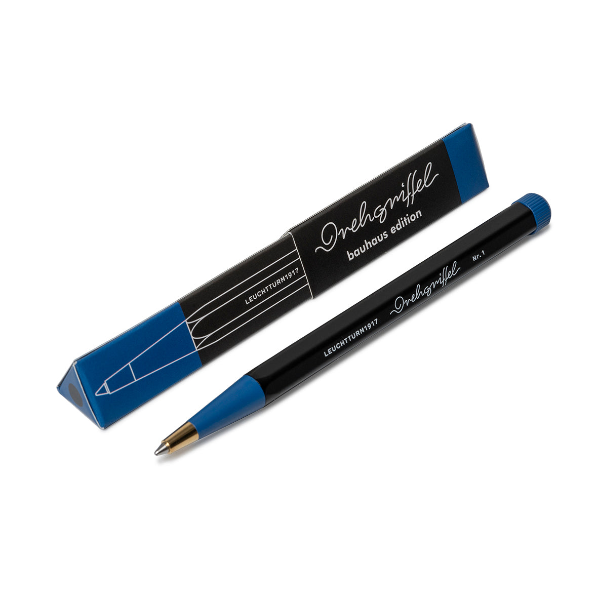 Black pen with blue accents on a white background