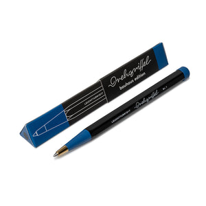 Black pen with blue accents on a white background