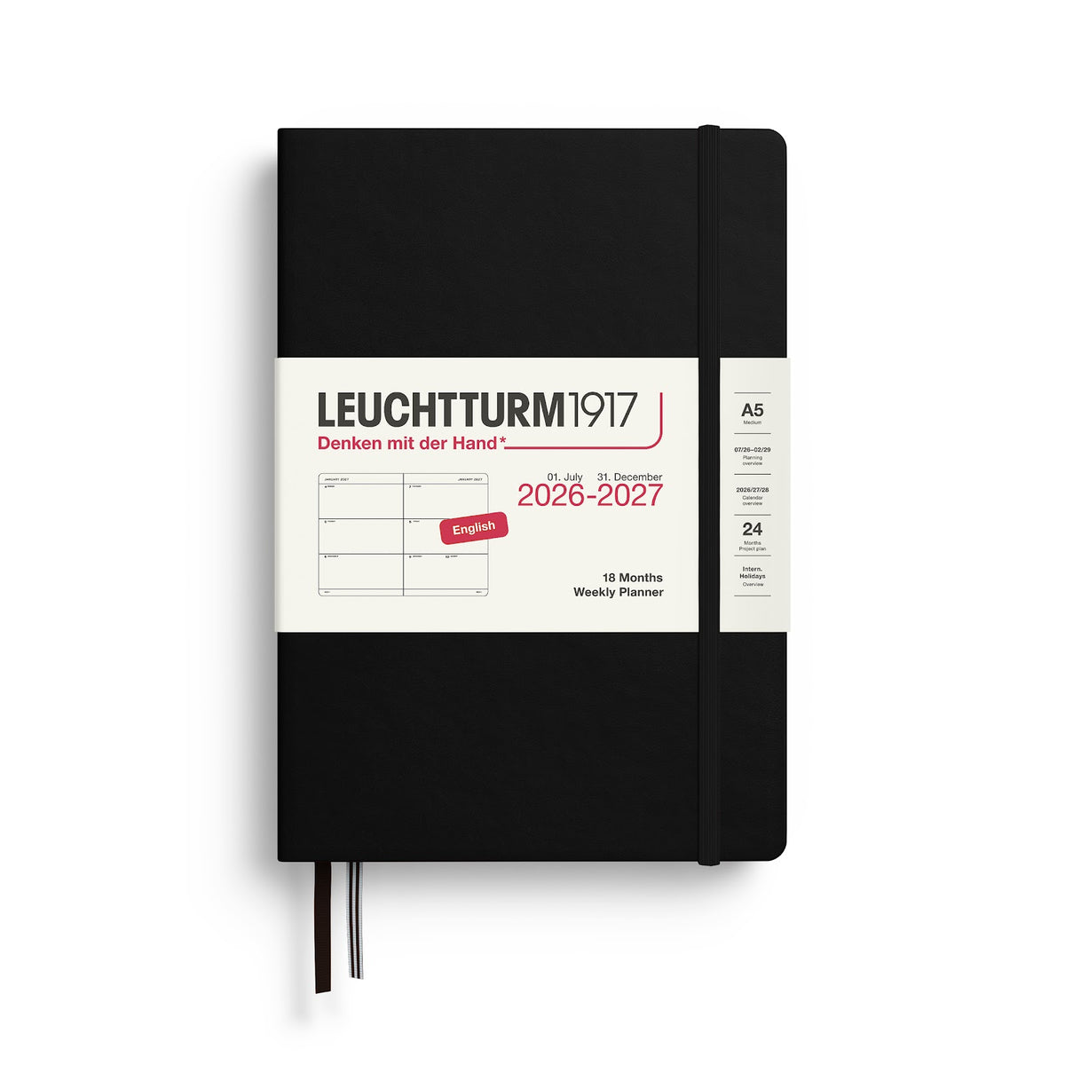 Black Leuchtturm1917 planner with white cover displaying text and design elements.