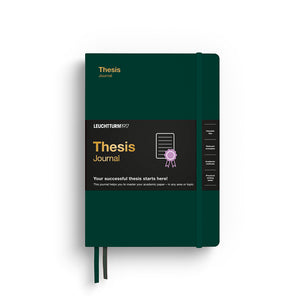 Green thesis journal with black cover on a white background