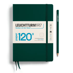 Green notebook with Leuchtturm1917 branding and a pencil on a white background