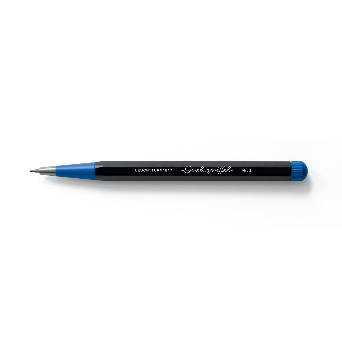 Black pencil with blue accents on a white background