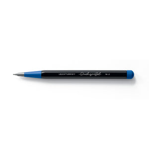 Black pencil with blue accents on a white background