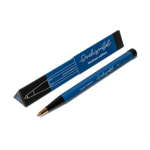 Blue pen with black cap and packaging on a white background