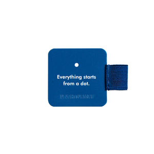 Blue square card with text 'Everything starts from a dot.' and pen loop on a white background