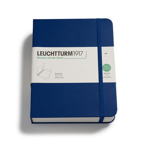 Blue notebook with a white label featuring 'Leuchtturm1917' on a white background