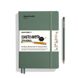 Green sketchnote journal with pencil on a white background