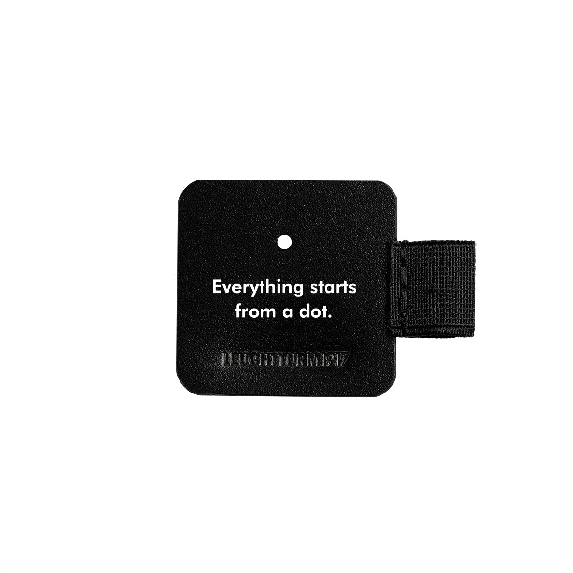 Black square card and pen loop with text 'Everything starts from a dot.' on a white background