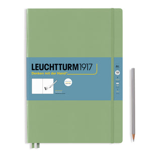 Green notebook with blue label featuring Leuchtturm1917 branding on a white background