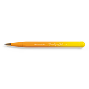 Yellow pen with brand name on a white background