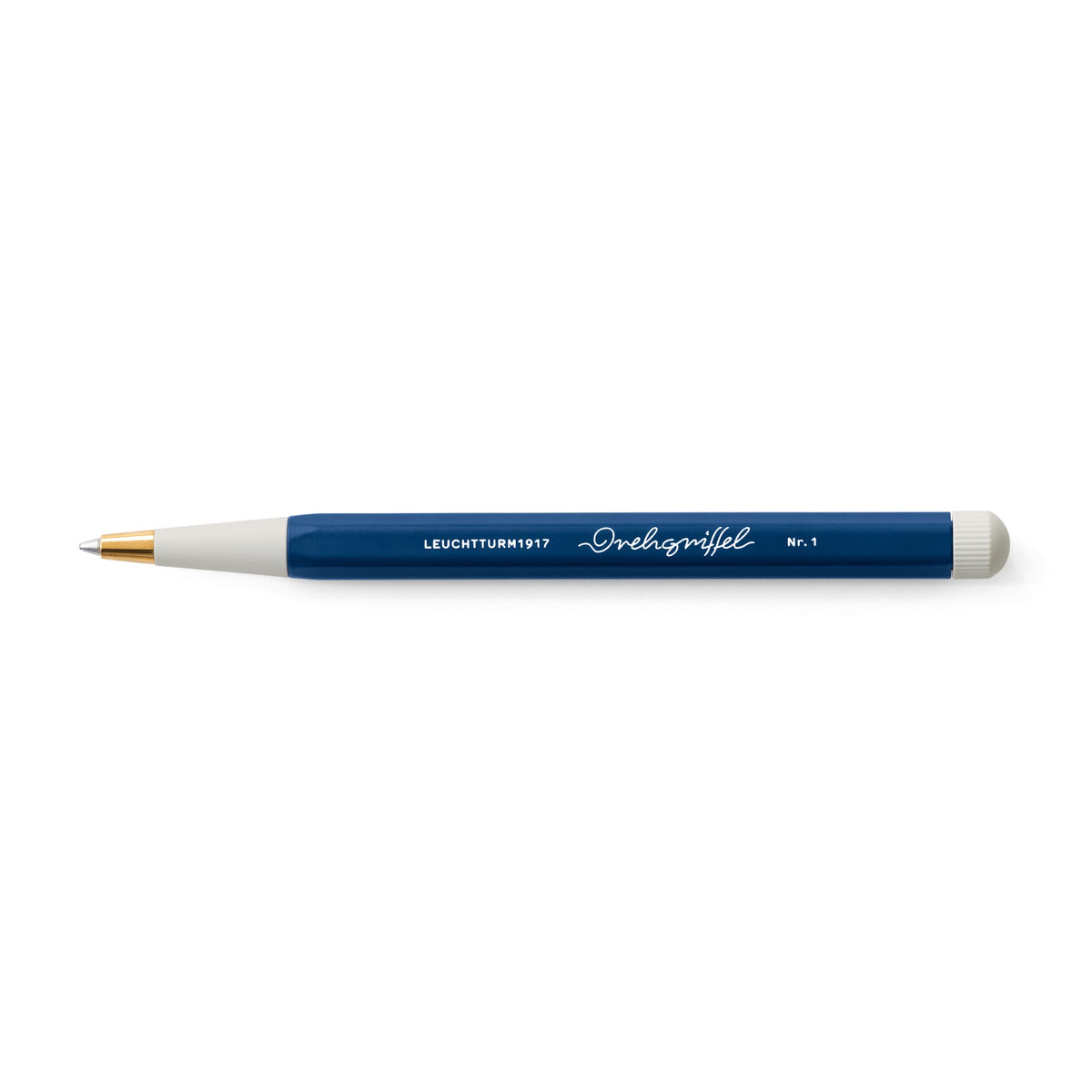 Blue pencil with white accents on a white background