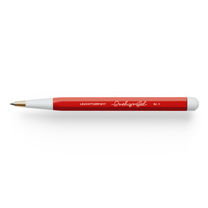Red pen with white accents on a white background