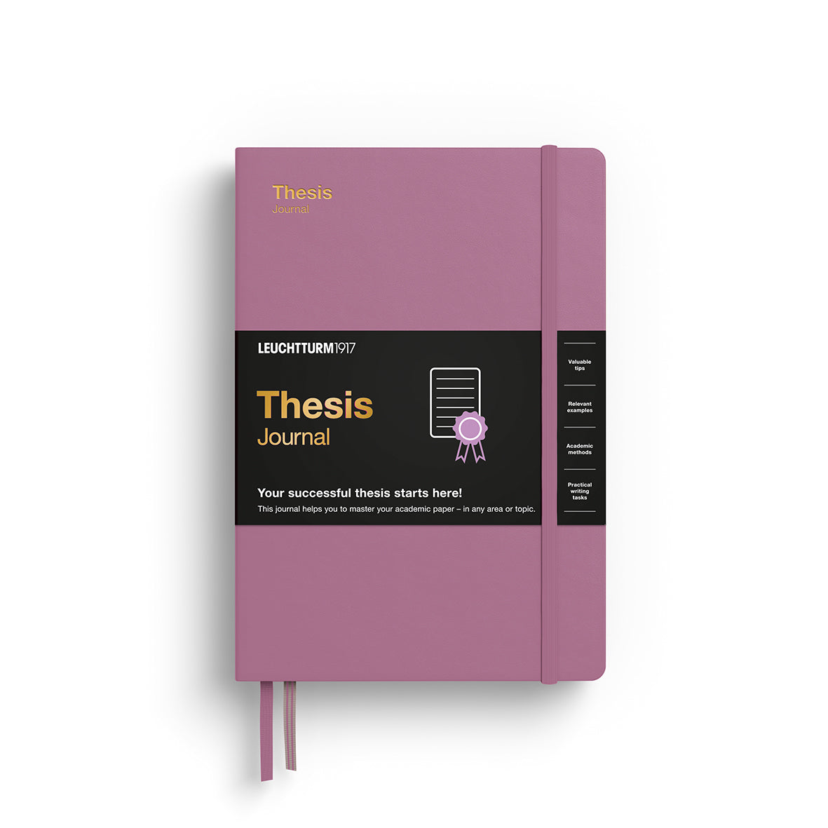 Purple thesis journal with black label on a white background
