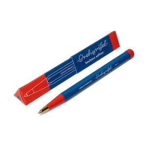 Blue pen with red accents on a white background