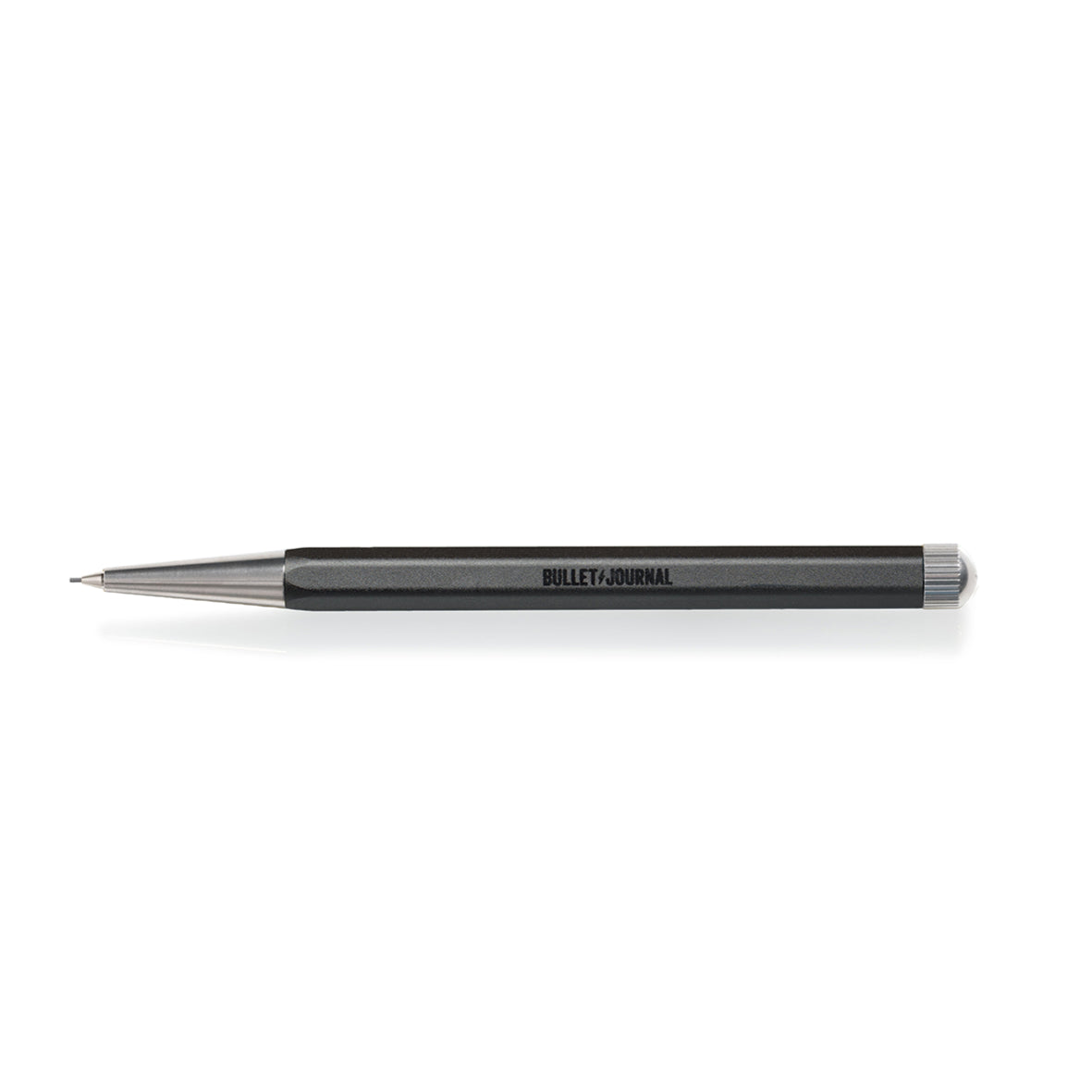 Black pencil with silver accents on a white background