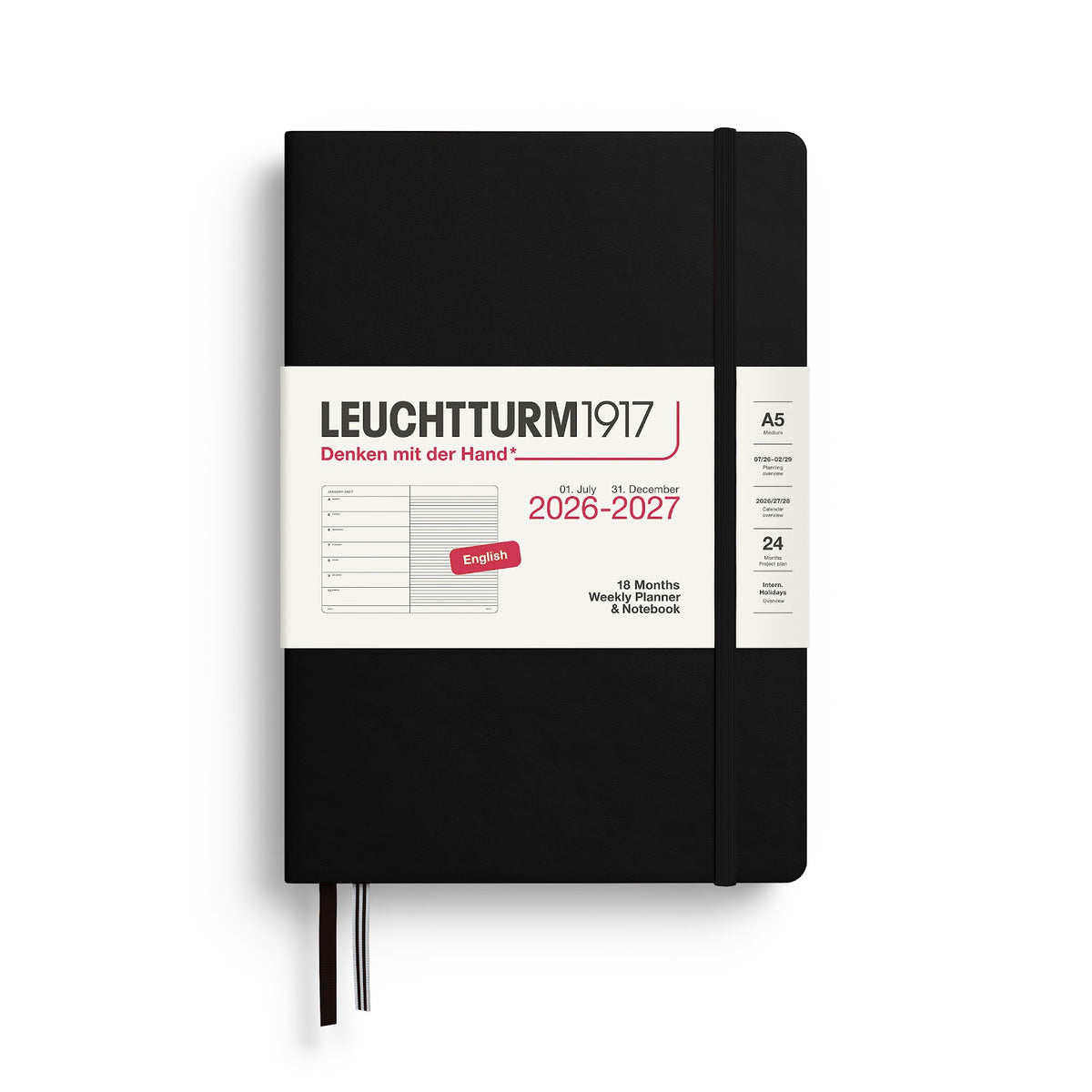 Leuchtturm1917 planner with black cover and white front cover displaying text and graphics.