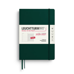 Green Leuchtturm1917 planner with white cover on a white background