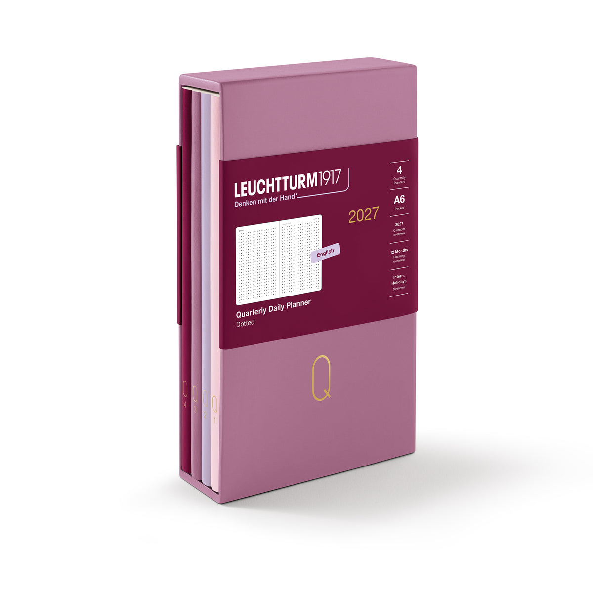 Leuchtturm1917 2027 Quarterly Daily Planner, four dotted A6 booklets in a dusty rose slipcase, on a white background