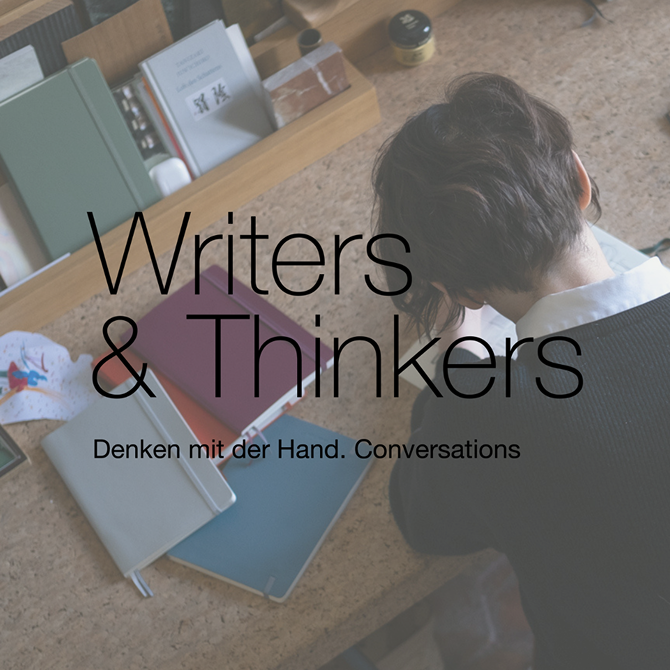 Person sitting at a desk with books and notebooks, text overlay 'Writers & Thinkers' and 'Denken mit der Hand. Conversations'.