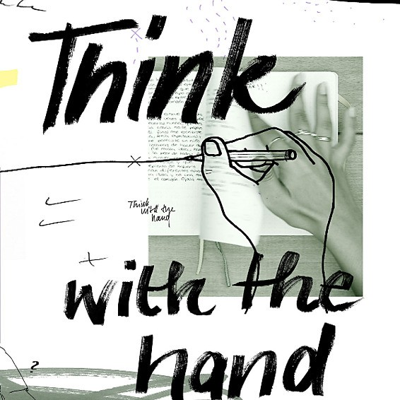 Illustration of a hand holding a pen with text 'Think with the hand' on a white background.