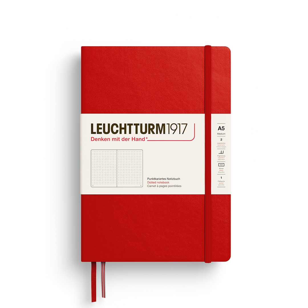 Red notebook with white label featuring 'Leuchtturm1917' on a white background