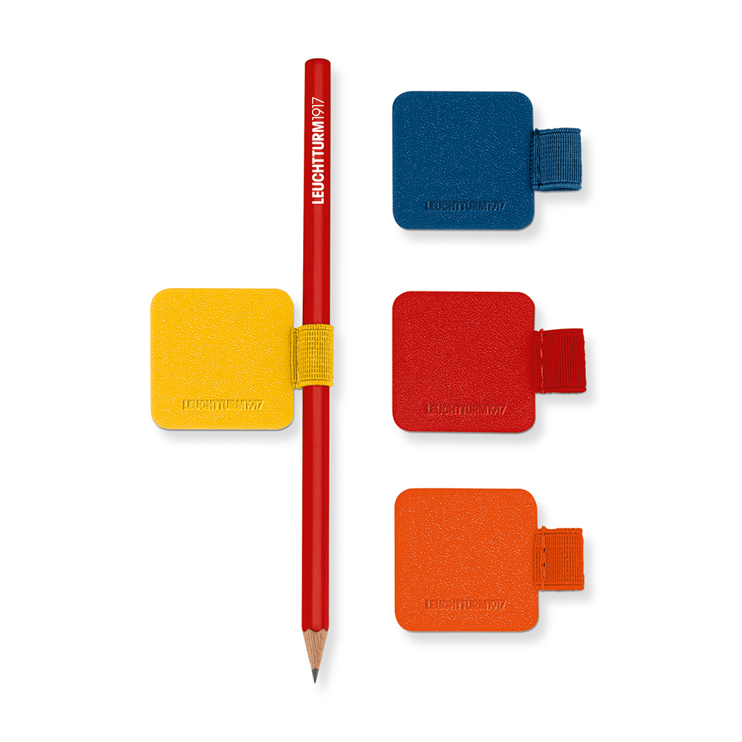 Red pencil with colorful square clips on a white background