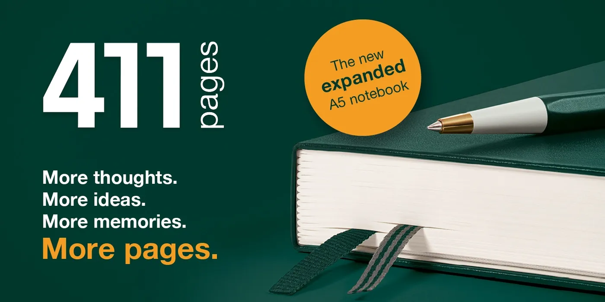 Notebook with pen on a green background, emphasizing 411 pages and expanded A5 size.