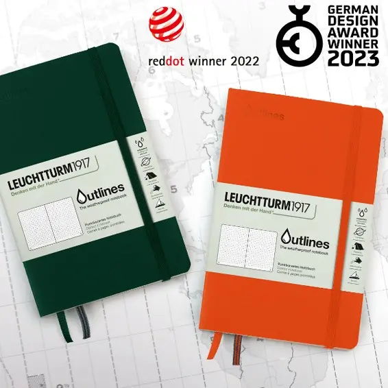 Two notebooks, one green and one orange, with Leuchtturm1917 branding on a light gray background.