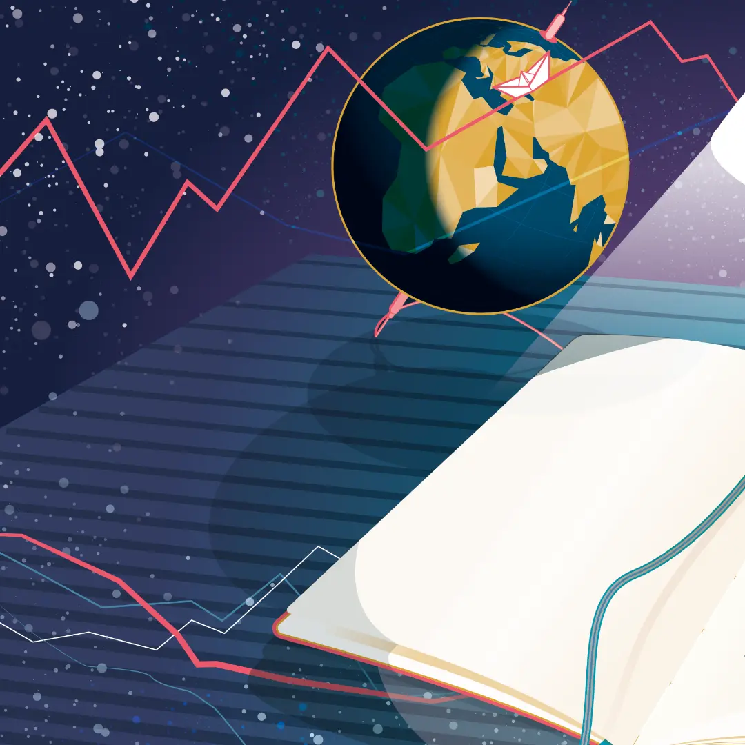 Illustration of a globe with a sailboat on a starry night sky with geometric shapes.