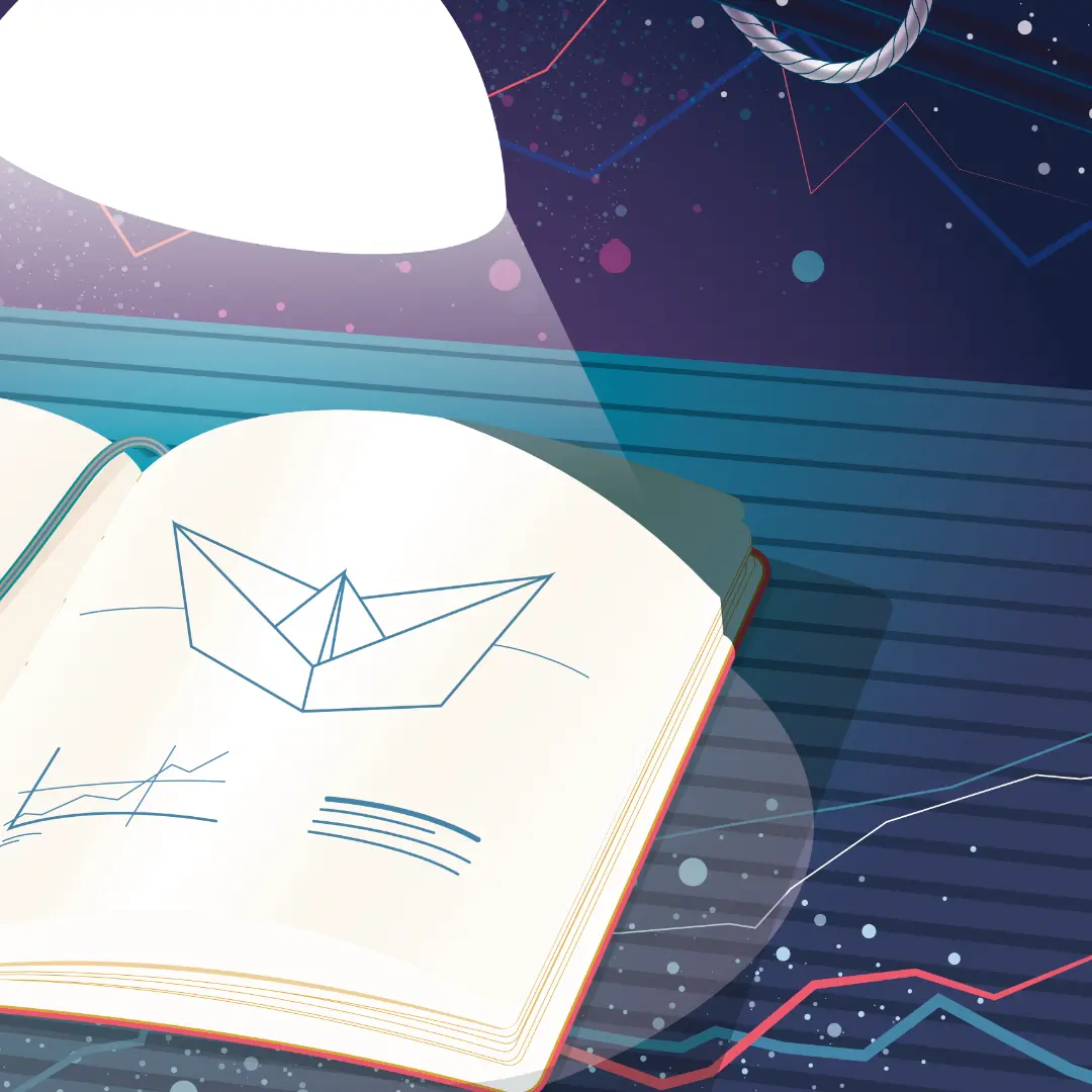 Open book with paper boat drawing against a starry night sky background