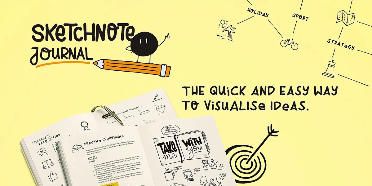 Promotional graphic for 'Sketchnote Journal' with a notebook, pencil, and doodles on a yellow background.