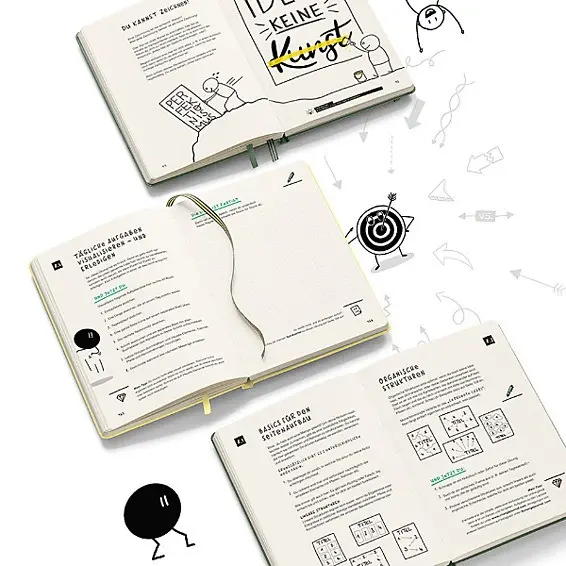 Open notebooks with illustrations and text on a white background