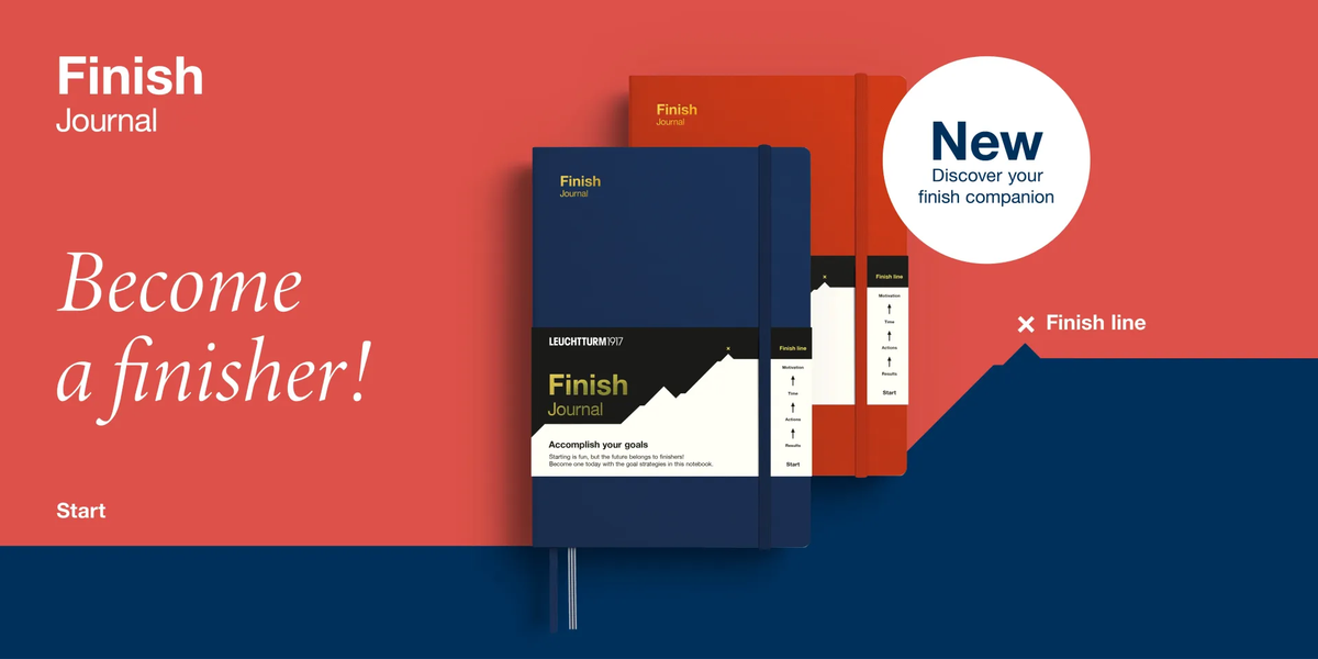 Promotional image of 'Finish Journal' with a red and blue background