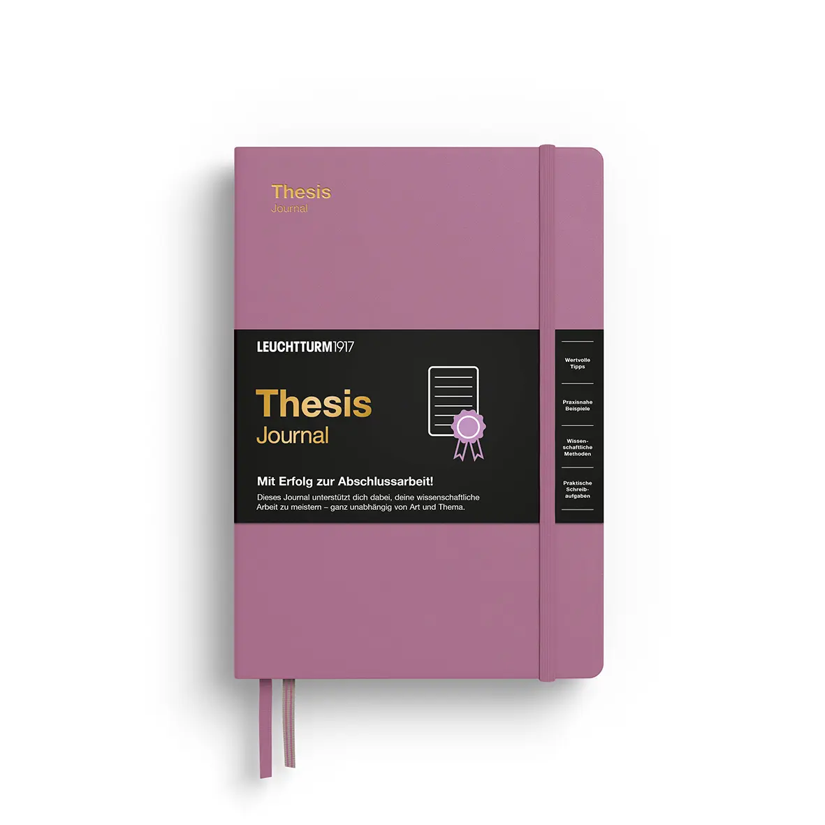 Purple thesis journal with black label on a white background
