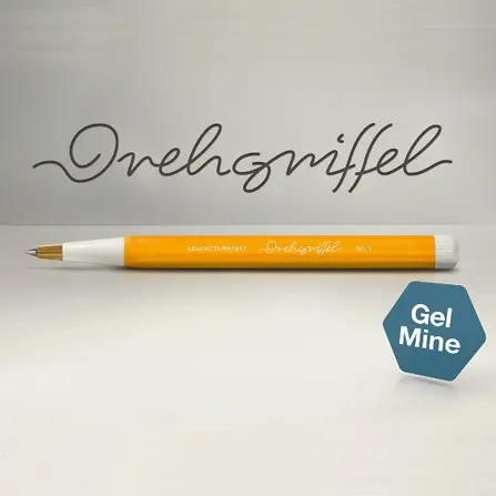 Orange pen with white accents on a light gray background