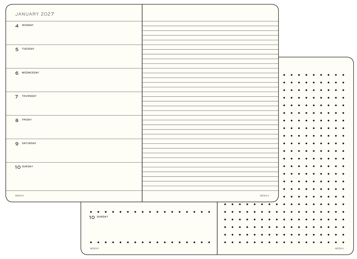 Calendar planner sheet with grid and notes sections for January 2027.