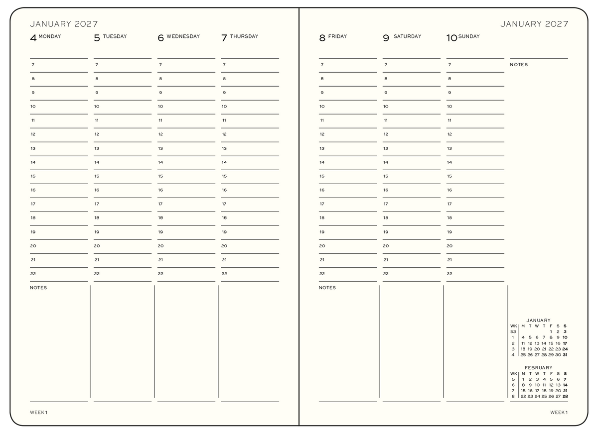 Two-page spread of a January 2027 calendar with days of the week and notes section.