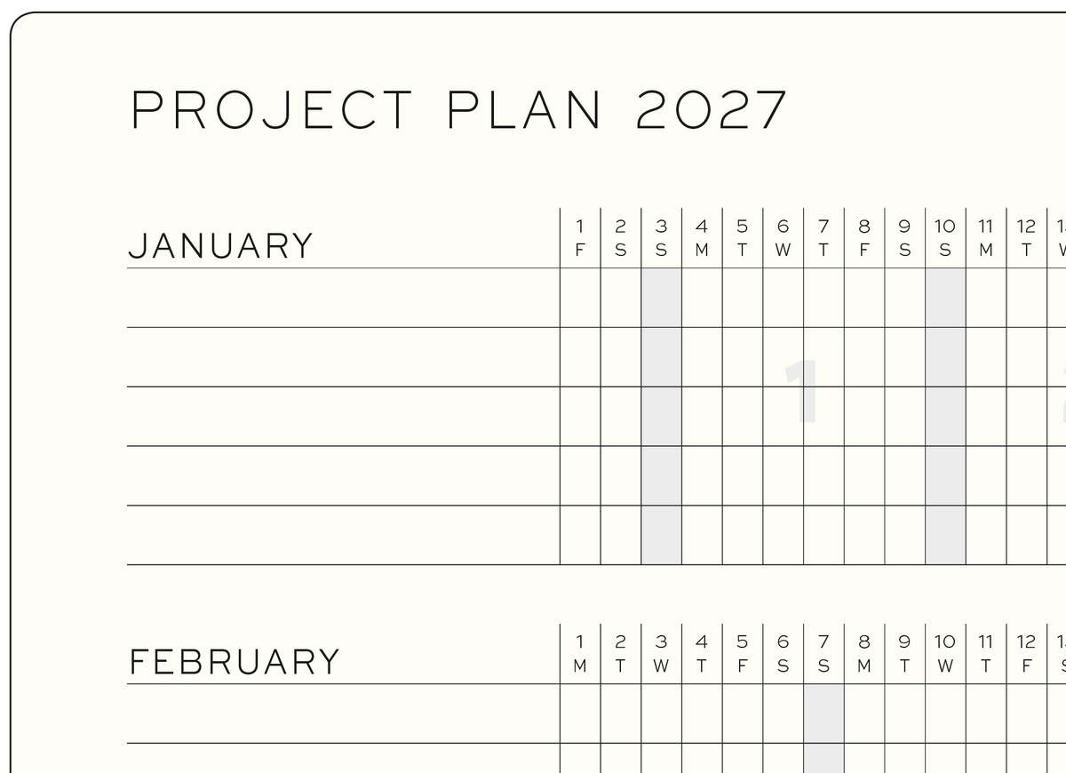 Project plan for 2027 with calendar layout for January and February.