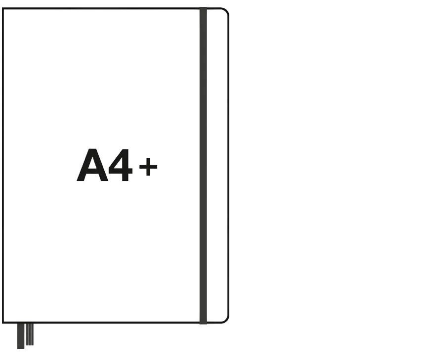 Outline of a notebook with 'A4+' text on a transparent background