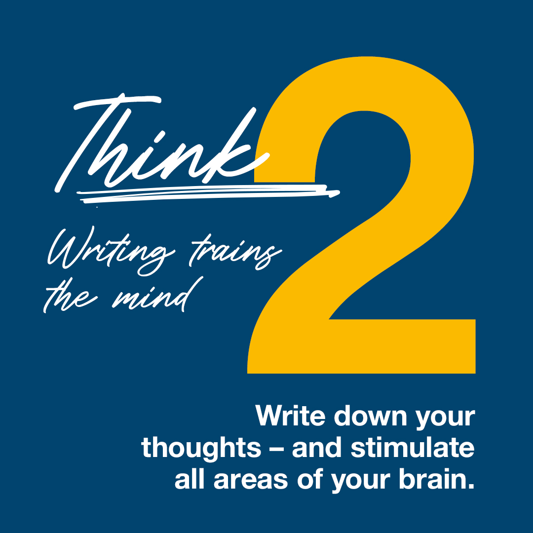 Motivational poster with 'Think' and text on a blue background