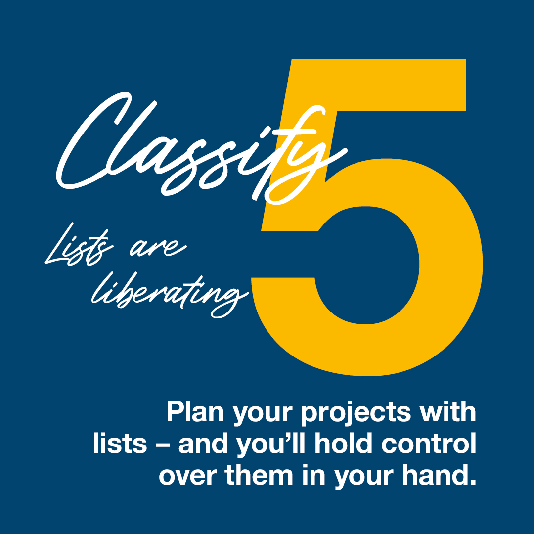 Promotional graphic with a large yellow number '5' on a blue background, featuring text about classifying lists.