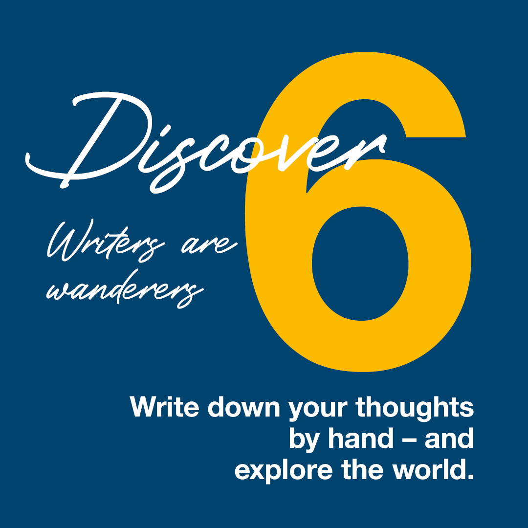 Promotional graphic with a large yellow number '6' on a blue background, featuring text about writers and exploration.