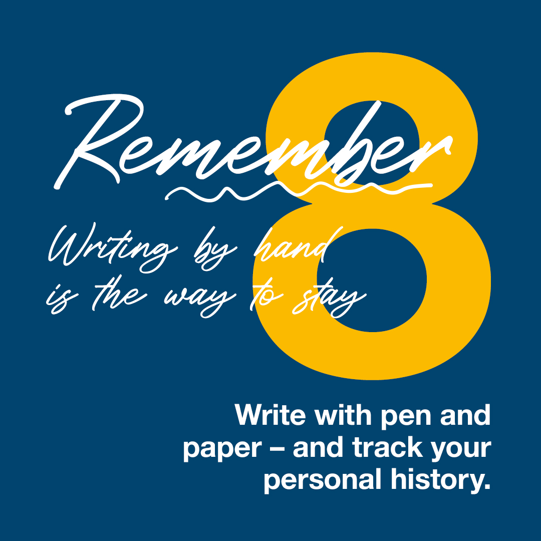 Promotional graphic with a large yellow number '8' on a blue background, featuring text about writing by hand.