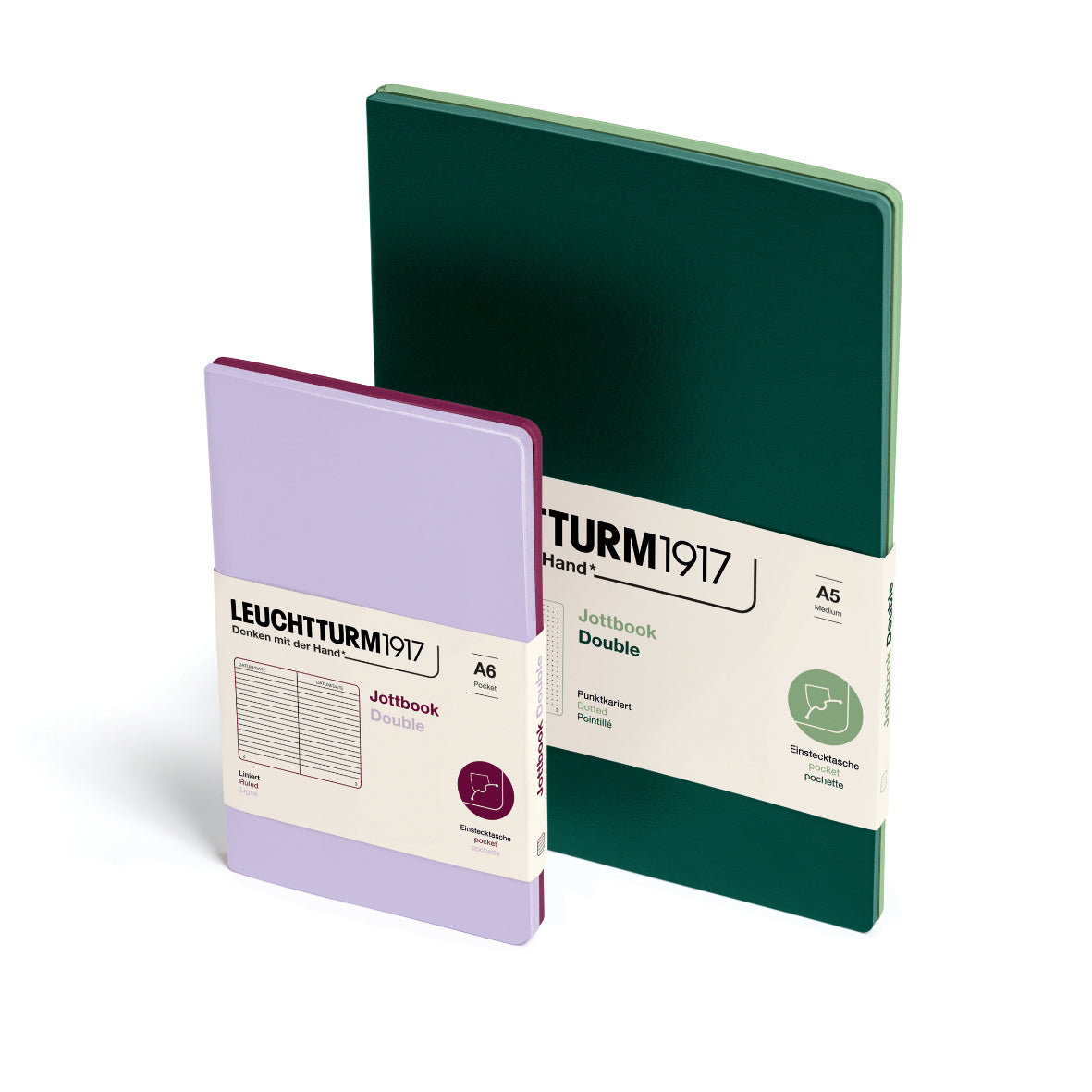 Two notebooks, one green and one purple, with Leuchtturm1917 branding on a white background.