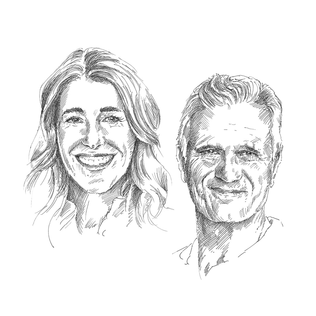 Black and white hand-drawn sketch portraits of a smiling woman on the left and a smiling man on the right, shown on a plain white background.