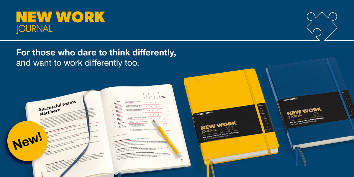 Promotional graphic for the New Work Journal showing branded notebooks and an open journal on a dark blue background with marketing text and a yellow 'New!' badge.