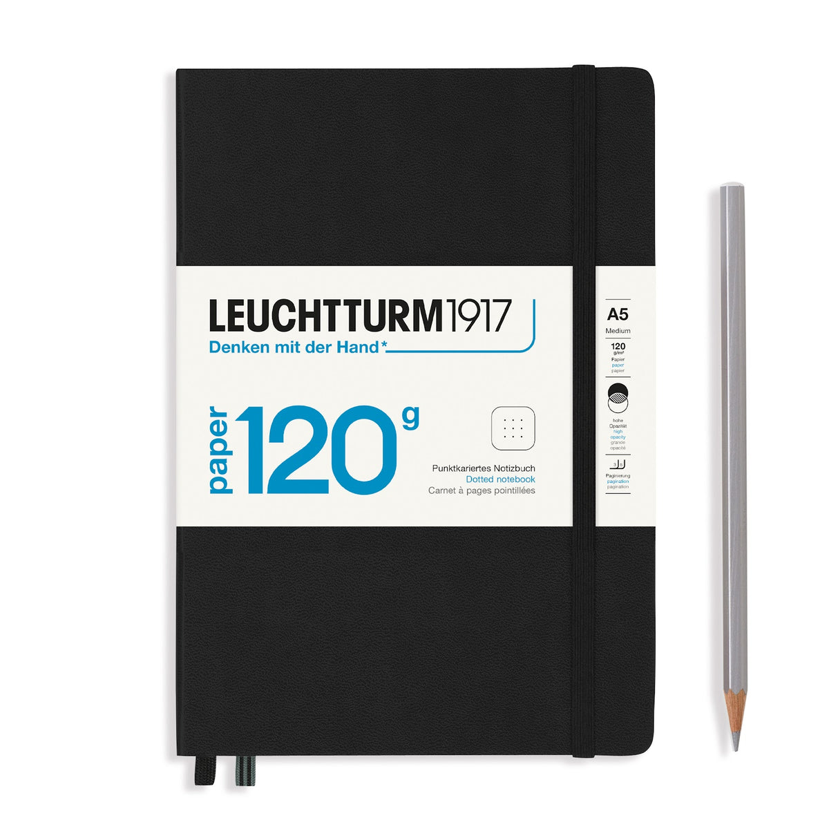 Black notebook with white label featuring 'Leuchtturm1917' branding on a white background