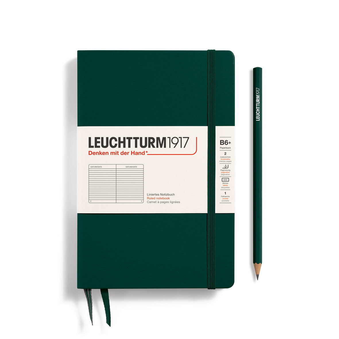 Green notebook with white label and pencil on a white background, featuring Leuchtturm1917 branding.